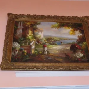 Massive 87×62 in Mediterranean Villa Oil Painting on Canvas Ornate Gilt Frame