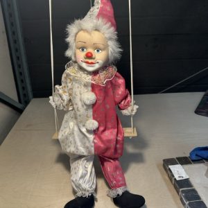 Decorative Clown Marionette Doll on Wooden Swing Pink White Moon Star Costume